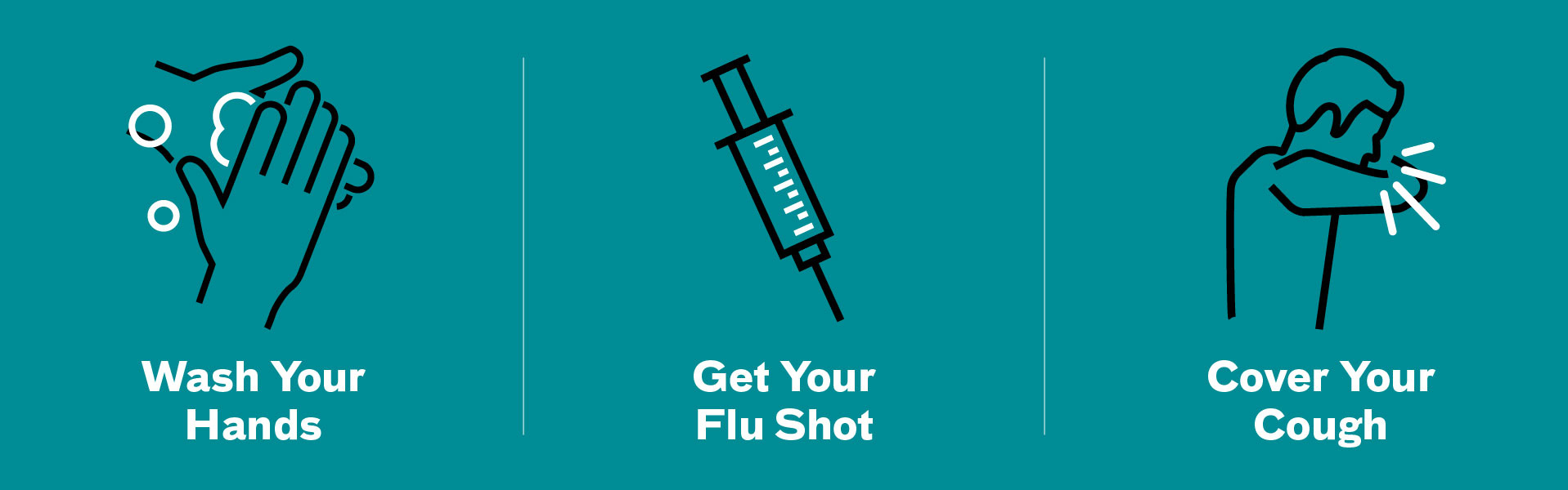 Flu Prevention washing hands, vaccine cover cough