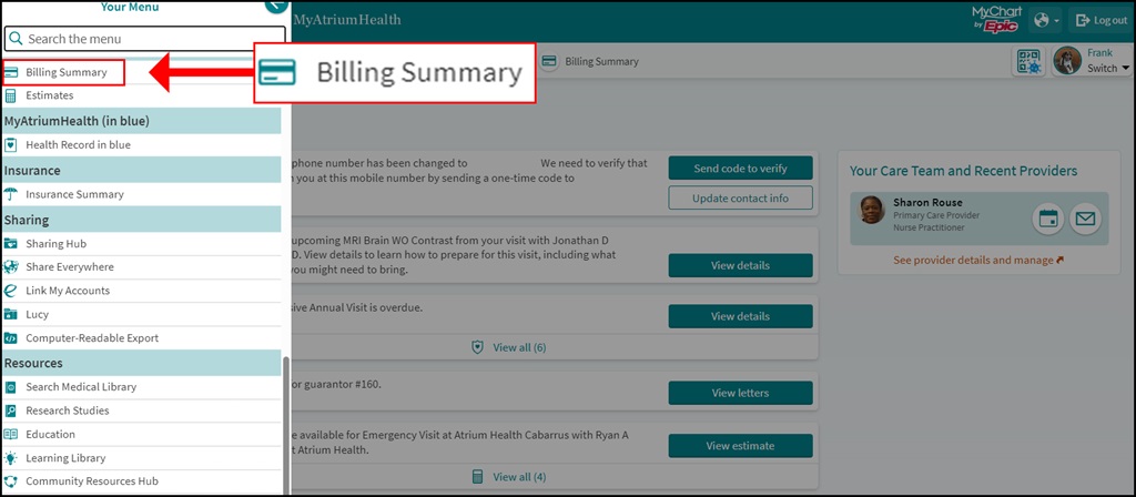 MyAtriumHealth Billing Summary menu