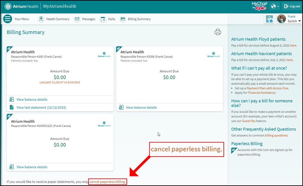 MyAtriumHealth cancel paperless billing