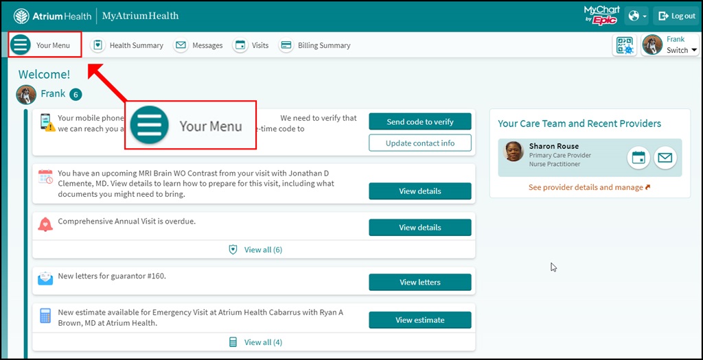 MyAtriumHealth menu